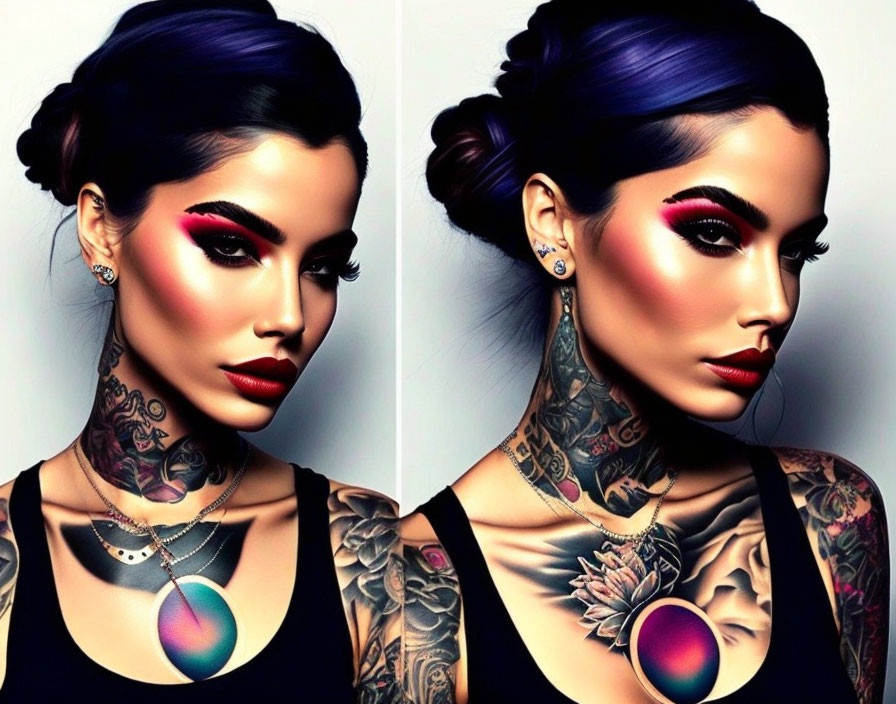 Woman with vibrant makeup and tattoos in bun hairstyle on grey background