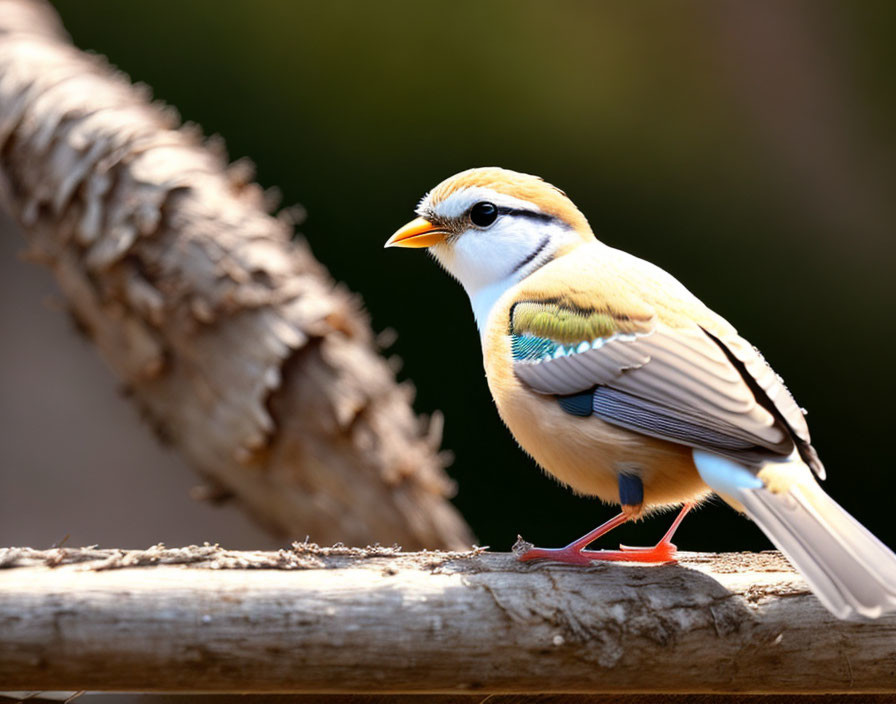 Colorful Bird with Yellow, White, Blue, and Green Plumage on Wooden Surface