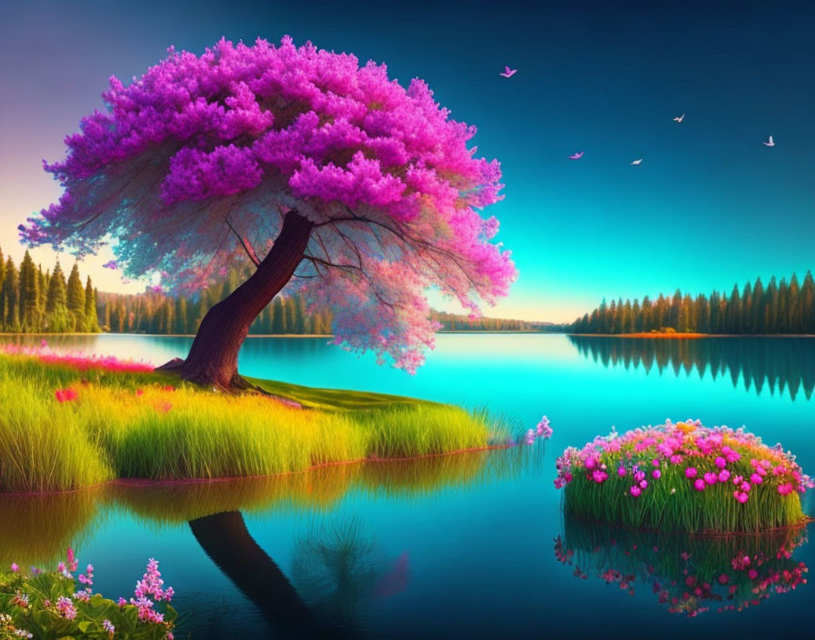 Colorful landscape with purple tree, calm lake, lush grass, and birds in the sky