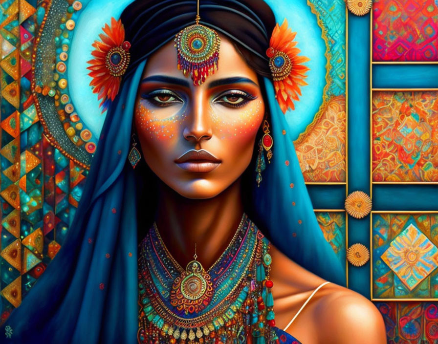 Vibrant illustration of woman in blue attire with gold and red jewelry