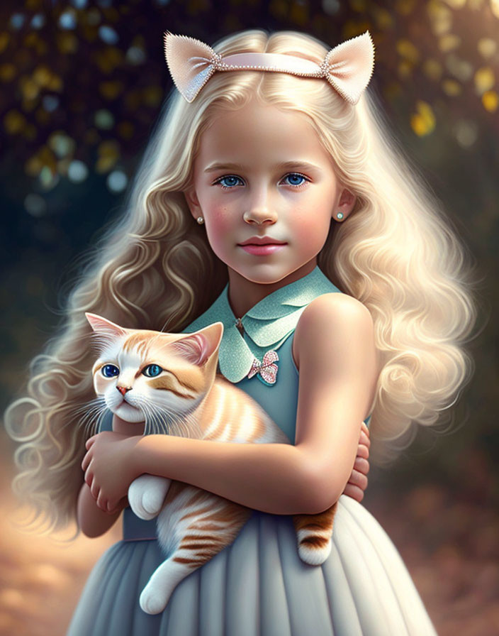 Blond Curly-Haired Girl with Cat-Ear Headband Holding Orange Tabby Cat