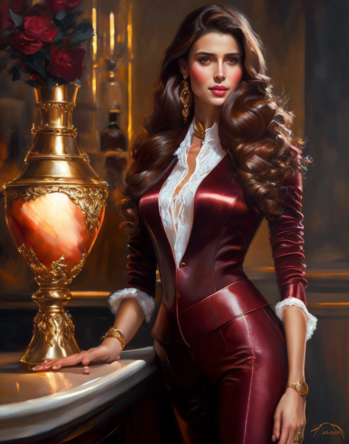 Sophisticated woman in red suit with voluminous hair next to golden vase and red roses