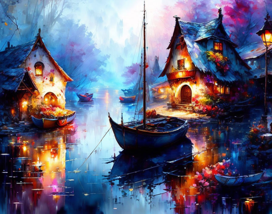 Vibrant waterfront village nightscape with illuminated cottages and moored boats