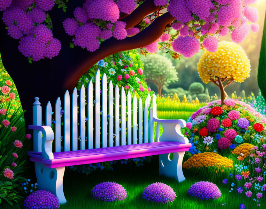 Colorful garden with purple bench, white fence, and lush foliage under flower tree