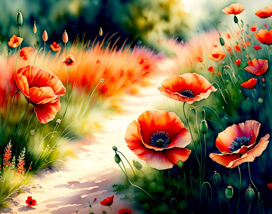 Colorful Garden with Red Poppies and Sunlit Path