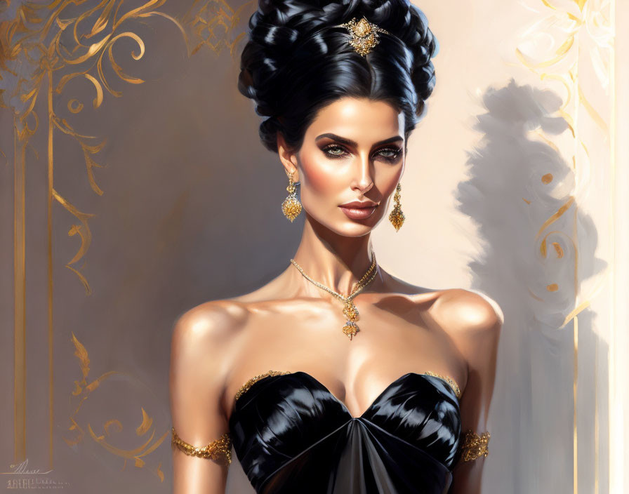 Elegant woman with elaborate updo and golden jewelry against ornamental backdrop