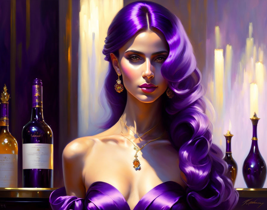 Purple-haired woman in matching dress with elegant backdrop of candles and wine bottles