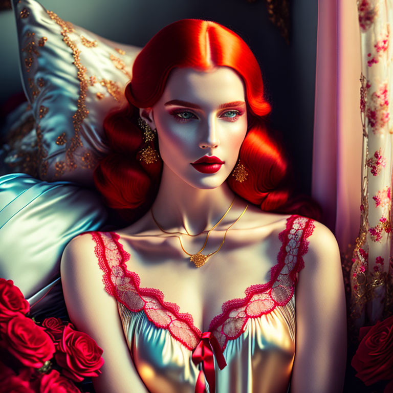 Vibrant red-haired woman in opulent setting with bold makeup