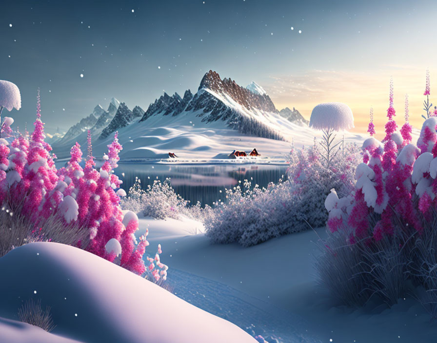 Winter landscape with pink-hued flora, reflective lake, snow-covered hills, and distant mountains under star