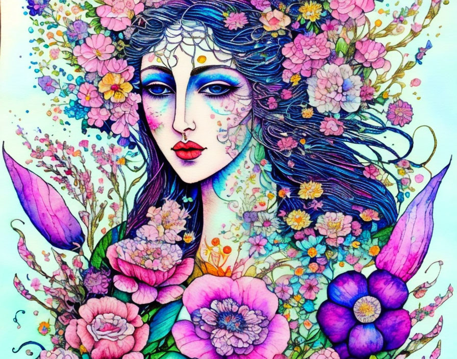 Colorful Illustration: Woman with Floral Hair and Makeup surrounded by Bright Flowers