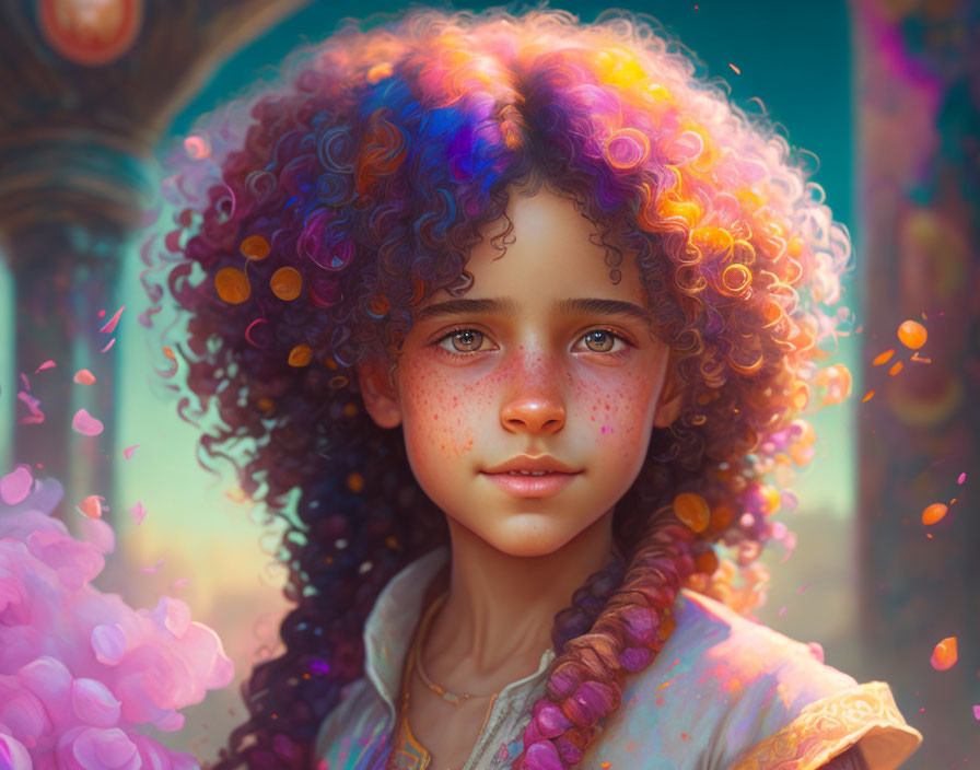 Multicolored curly hair portrait with freckles and petals in soft light