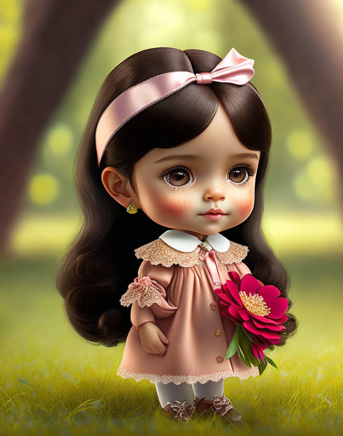 Young girl in pink dress with bow headband holding red flower in forest scene