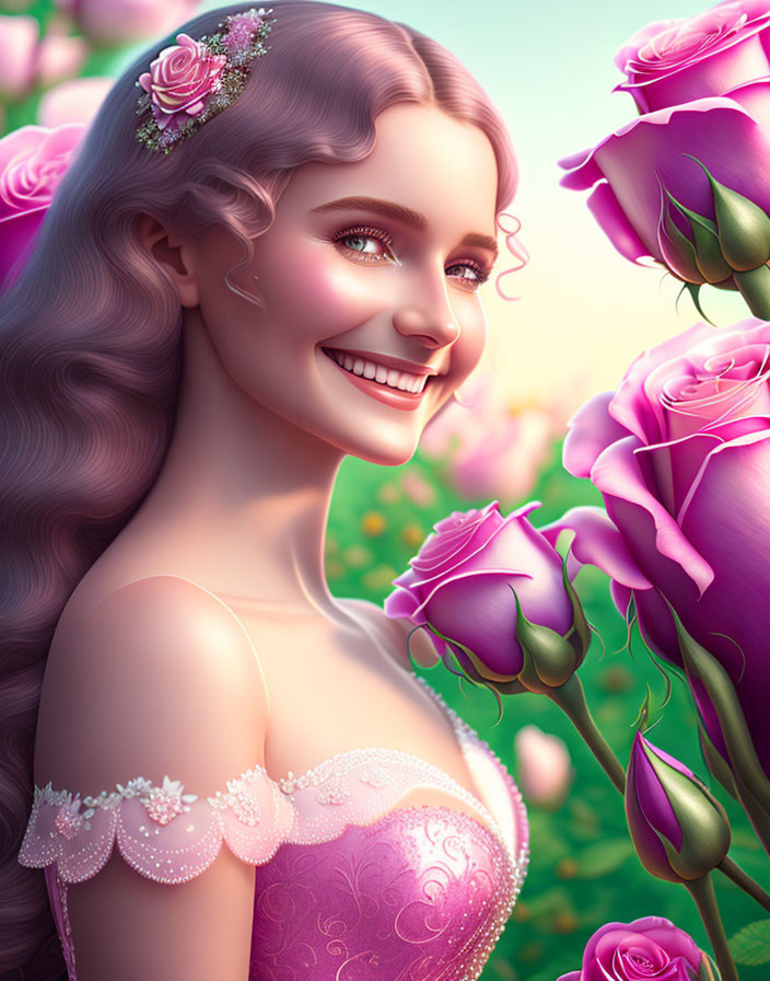 Illustrated woman in pink dress surrounded by lush roses