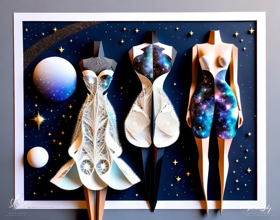 Abstract cosmic-themed artwork: Three female figures in starry setting