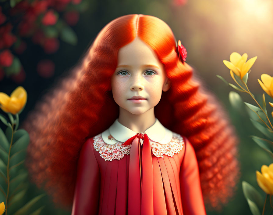 Young girl with red hair in red dress surrounded by yellow flowers and sunlight.