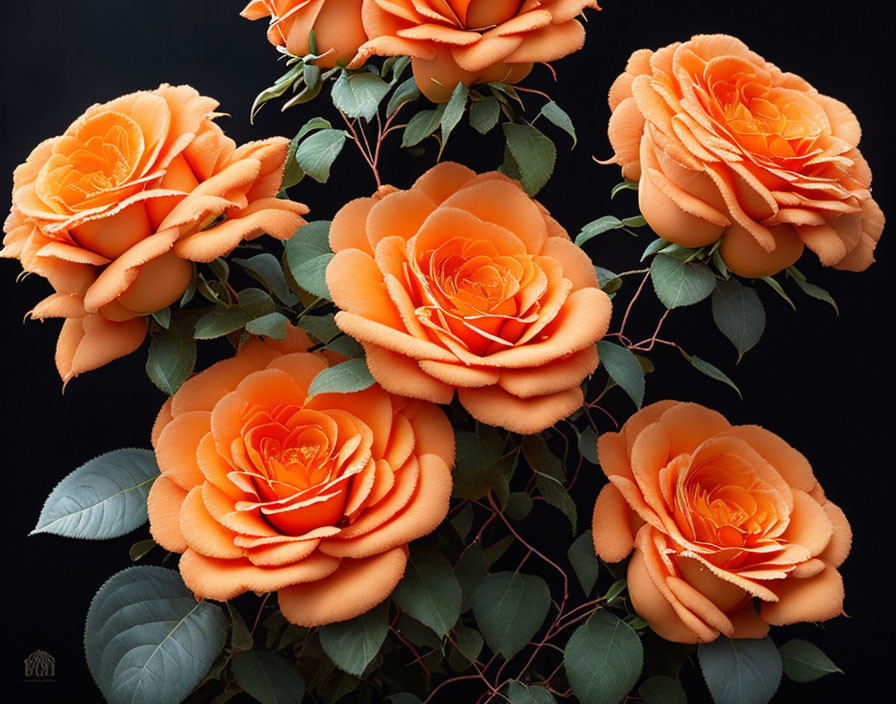 Vibrant Orange Roses with Green Leaves on Dark Background