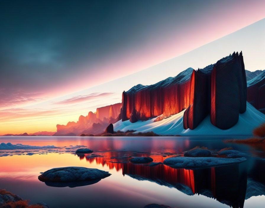 Snow-covered cliffs and sunset reflected in tranquil water