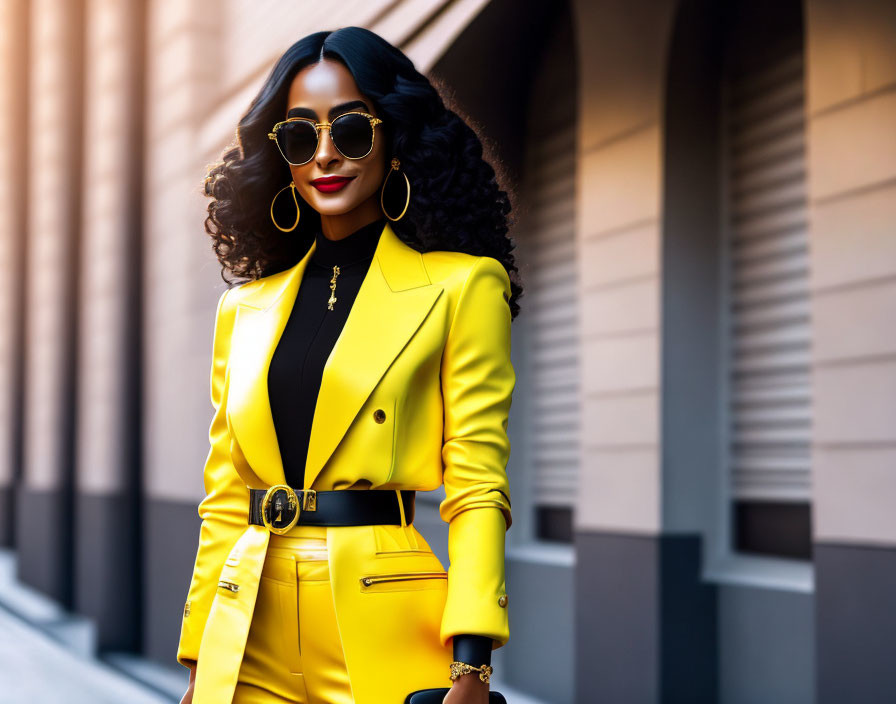 Confident woman in bright yellow suit and sunglasses with hoop earrings and black bag.