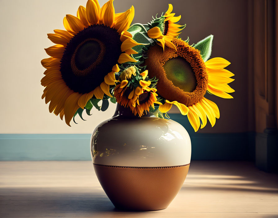 Vibrant sunflowers in a vase by a wall with sun shadows