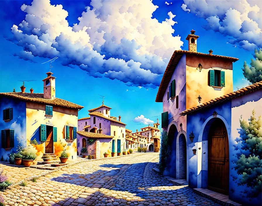 Vibrant European village street illustration with traditional houses and cobblestones