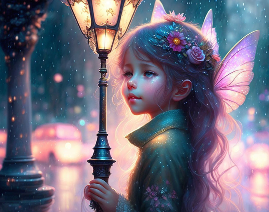 Digital illustration: Fairy child with translucent wings at snowy lamppost.