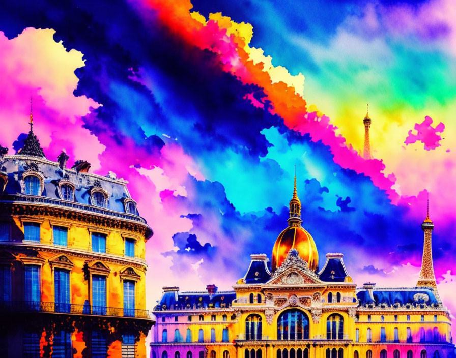 Colorful Paris Skyline Artwork with Iconic Monuments and Vibrant Sky