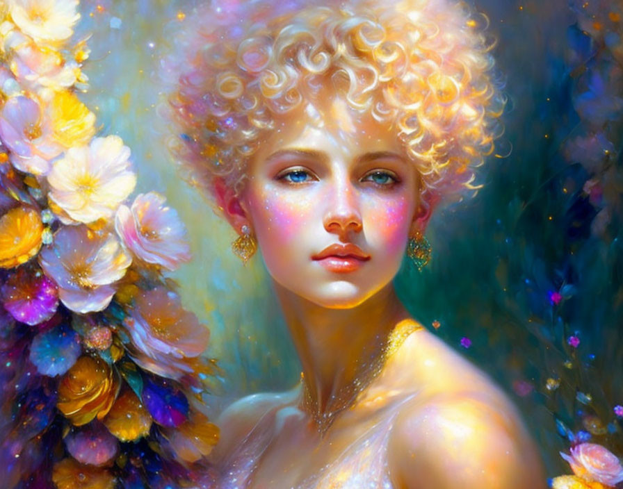 Blonde Woman Portrait with Blue Eyes and Glitter Amid Colorful Flowers