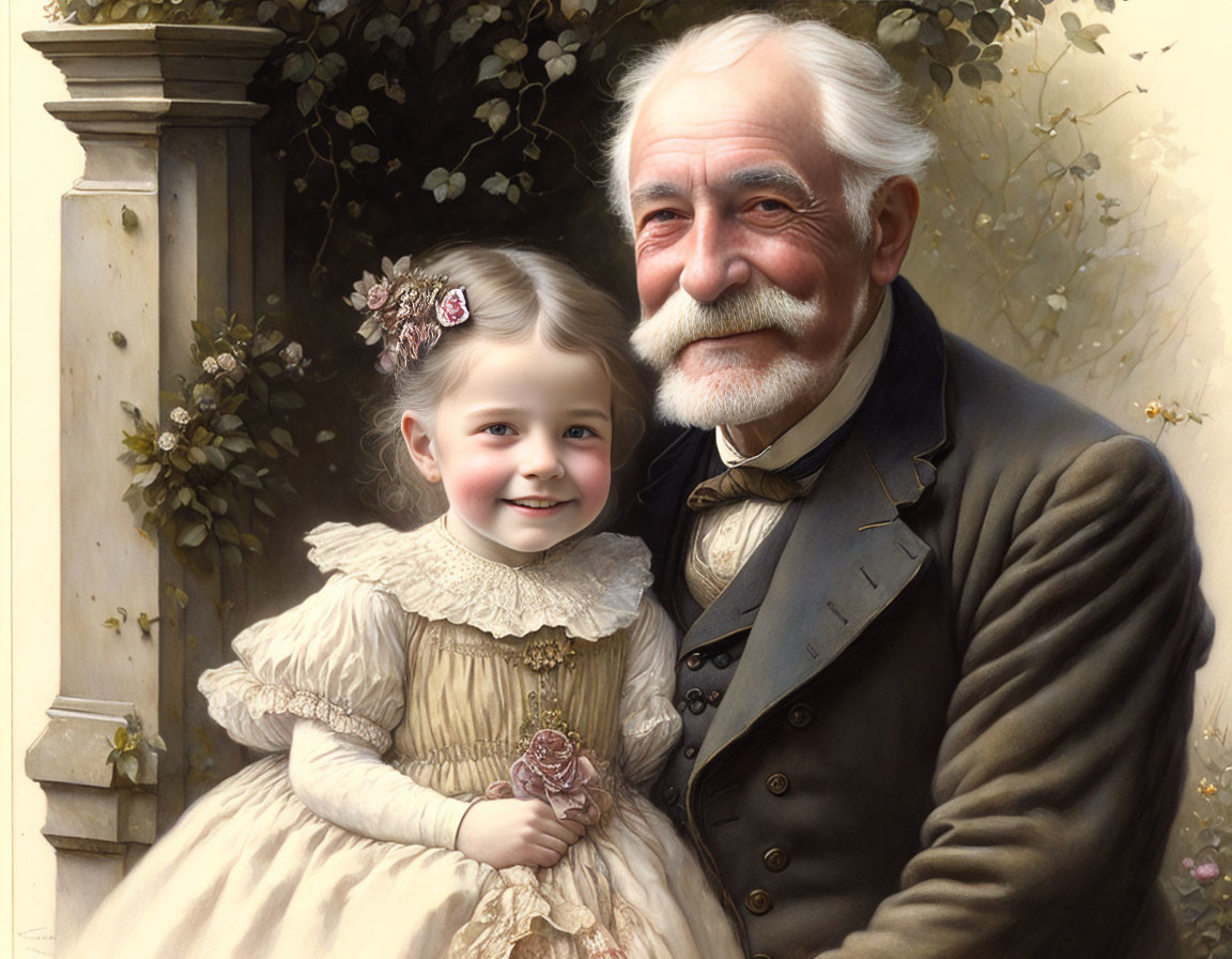 Elderly man and young girl in vintage attire smiling together