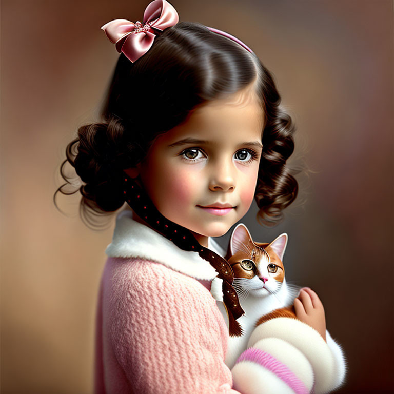 Young girl with curly hair holding a cat in a pink bow.