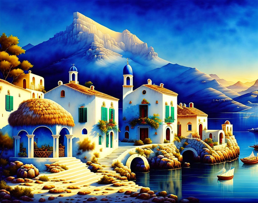 Scenic Mediterranean seaside village painting with blue domes and mountains