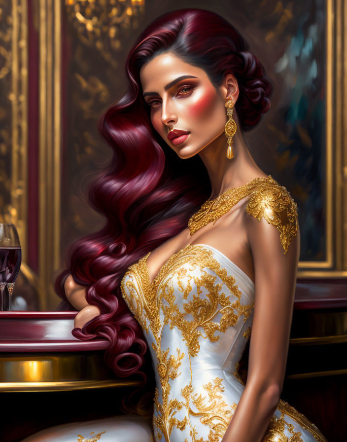 Stylized portrait of woman with red hair in white and gold gown