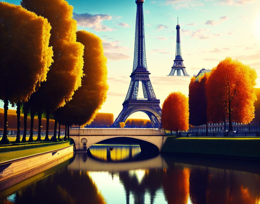 Scenic sunset view of Eiffel Tower with autumn trees and Seine river reflection.