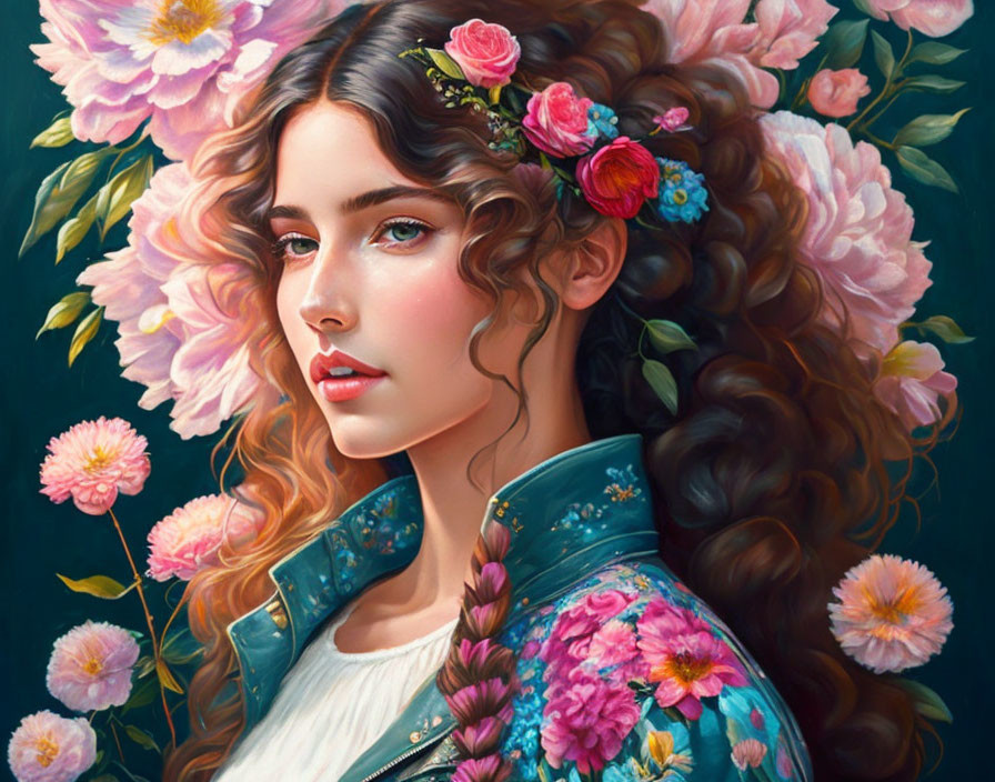 Woman with Wavy Hair and Flowers in Serene Setting