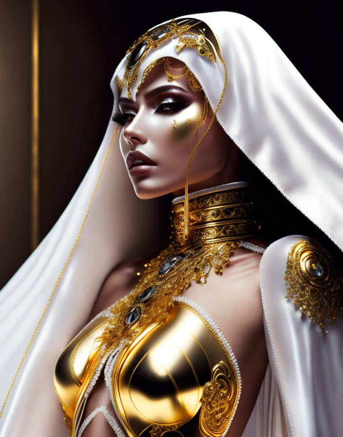 Stylized female figure in golden armor and cloak on dark background