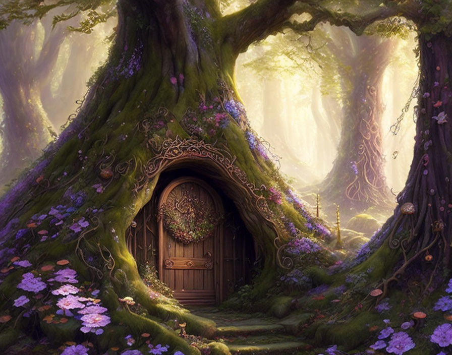 Mystical forest scene with large carved tree door