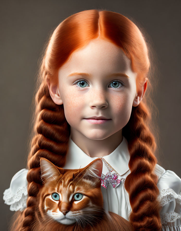 Young girl with red hair holding orange tabby cat with pink bow tie