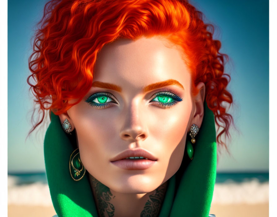 Vibrant red-haired woman with green eyes and shawl on beach