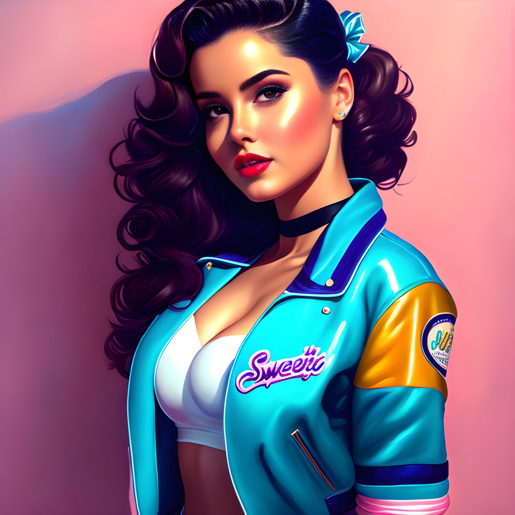 Digital illustration: Woman with dark hair in 50s style, wearing blue & yellow jacket with 