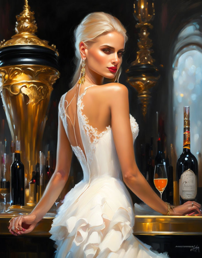 Woman in white evening gown with lace details and gold earrings standing in front of ornate bar.