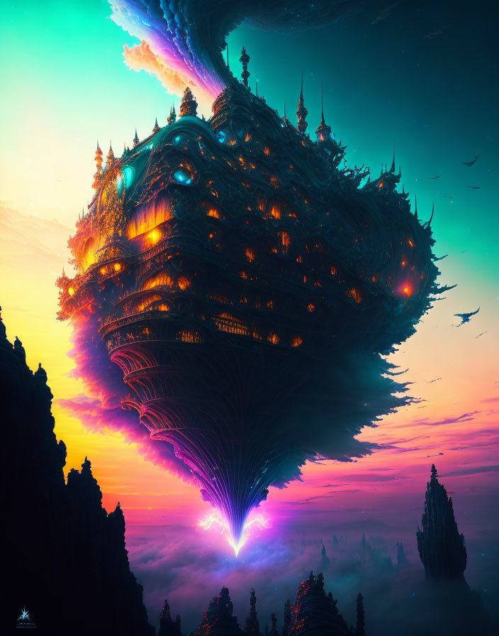 Fantastical floating city with glowing windows in sunset sky