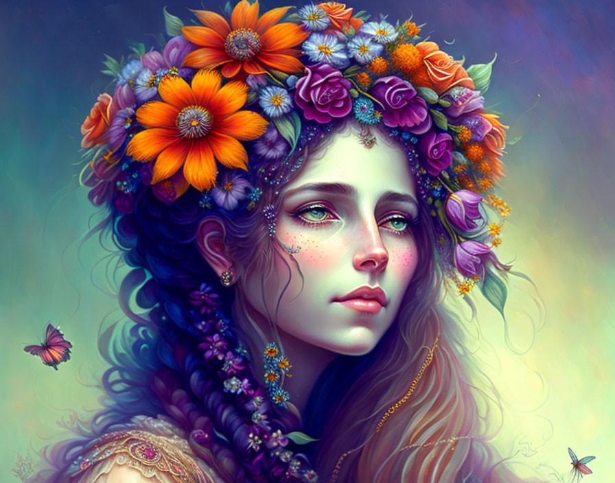 Colorful Floral Crown and Butterflies Digital Illustration with Dreamy Details