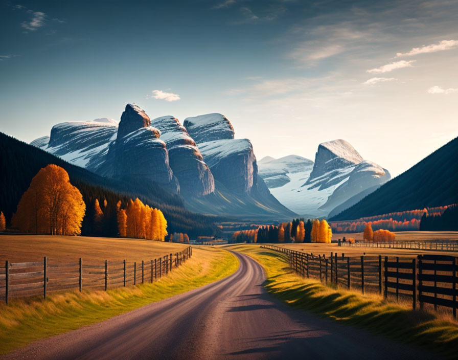 Scenic autumn landscape with winding road, golden trees, and snow-capped mountains