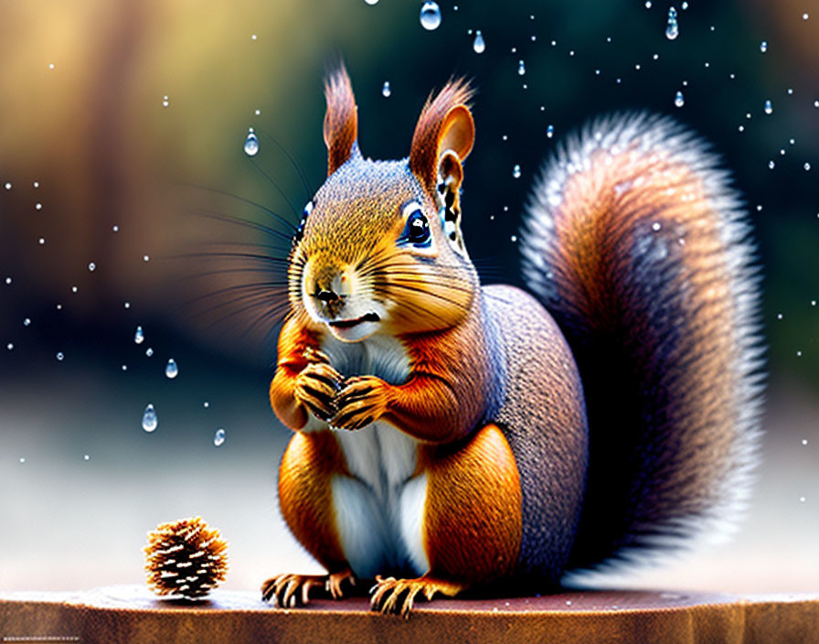 Colorful squirrel with nut in raindrops: a vibrant scene.