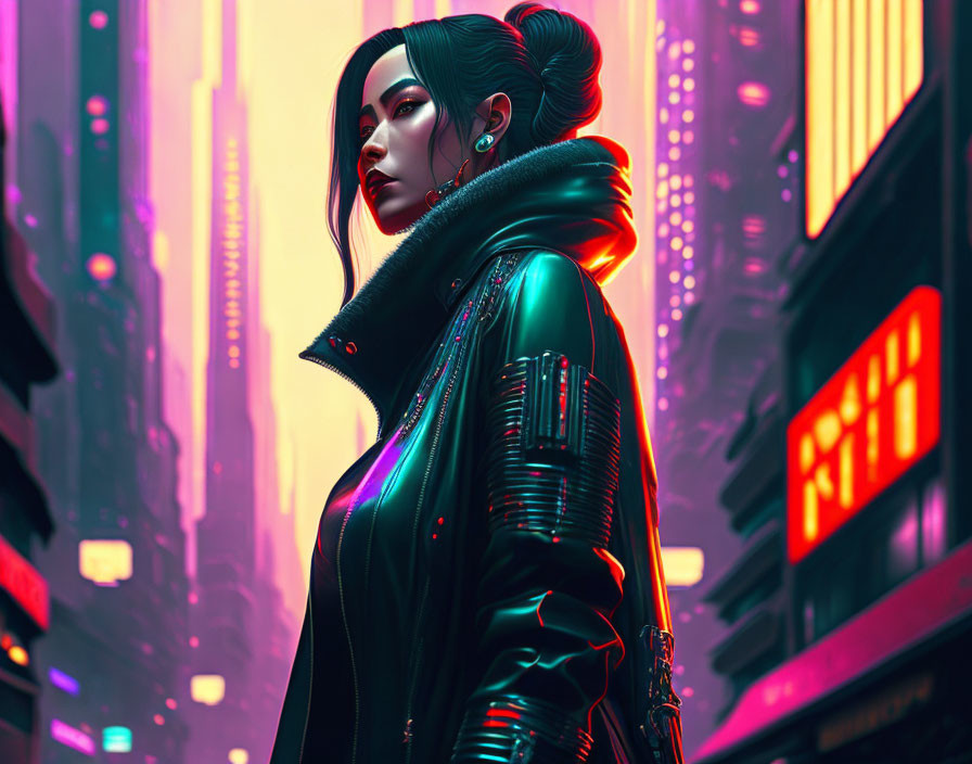 Stylized female character in cyberpunk attire in neon-lit city