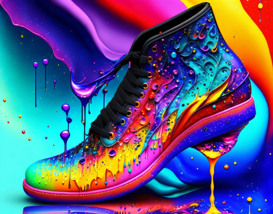 Colorful Melting Paint Design Sneaker on Abstract Background