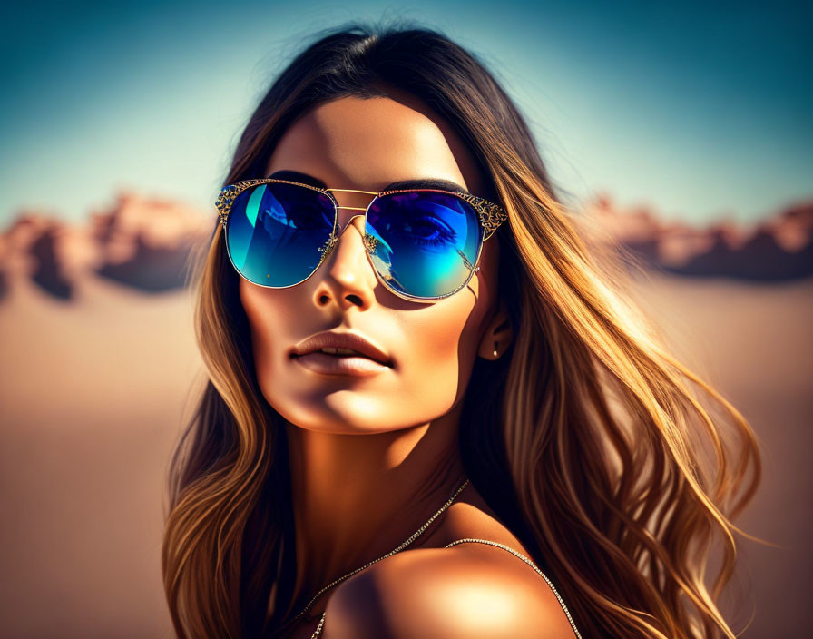 Woman with flowing hair in blue reflective sunglasses in desert setting