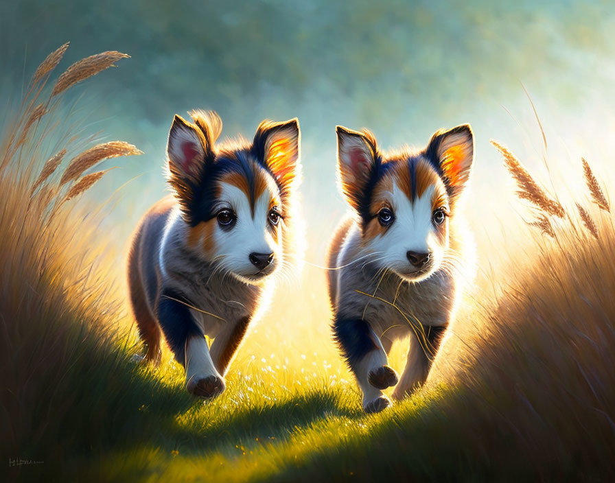 Corgi puppies play in sunlit field with tall grass