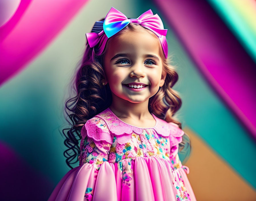 Smiling young girl in pink dress against colorful geometric backdrop