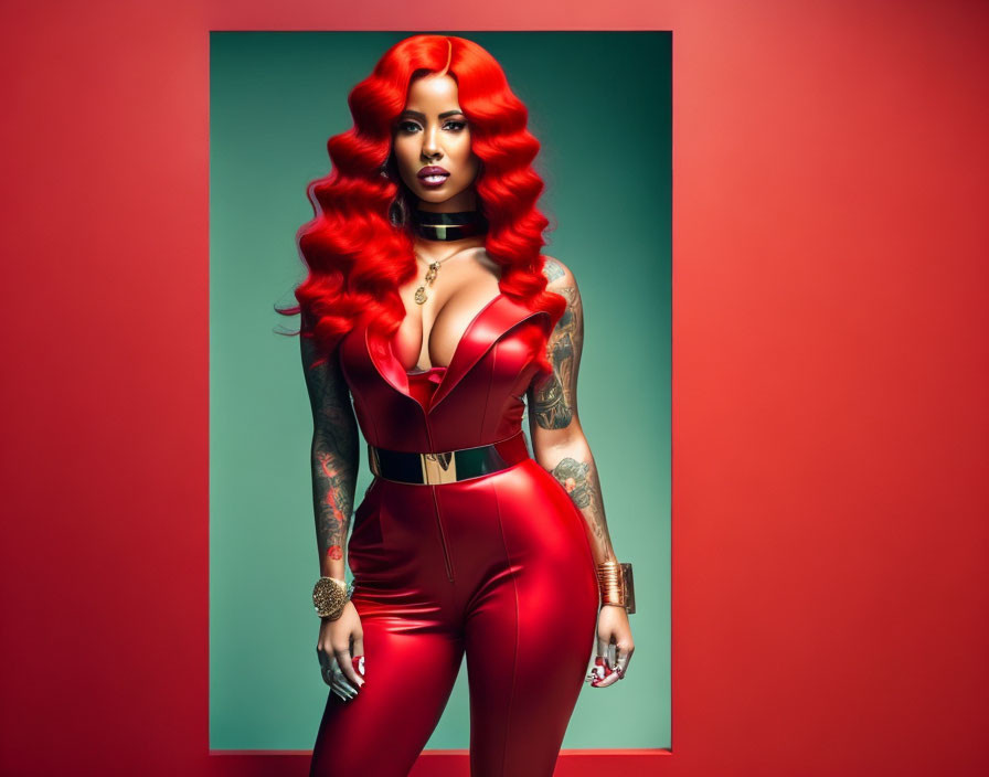 Vibrant red-haired woman in stylish jumpsuit with tattoos and choker on red background