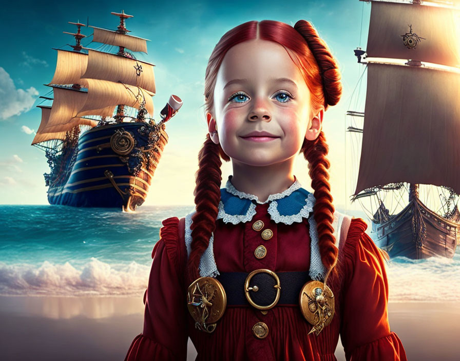 Red-haired girl in navy outfit smiles before surreal seascape with ships in sky
